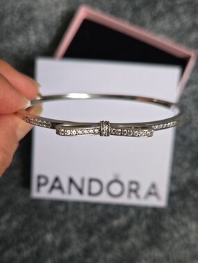 Pandora Silver Bow Bangle with Clear Stones